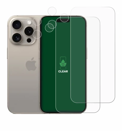 Abbildung des Geräts Apple iPhone 15 Pro (Display+Kamera) mit einer Vielzahl des Displayschutzes.