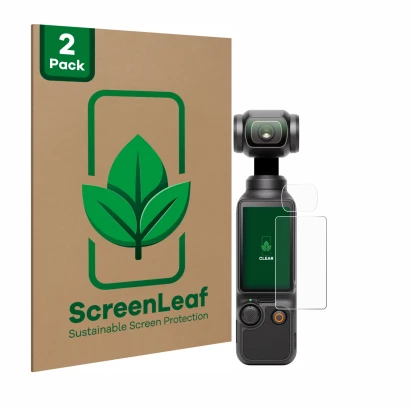 Vorderseite einer Produktverpackung mit dem Markenlogo ScreenLeaf. Daneben ist das Gerät DJI Osmo Pocket 3 (Display + Linse) m