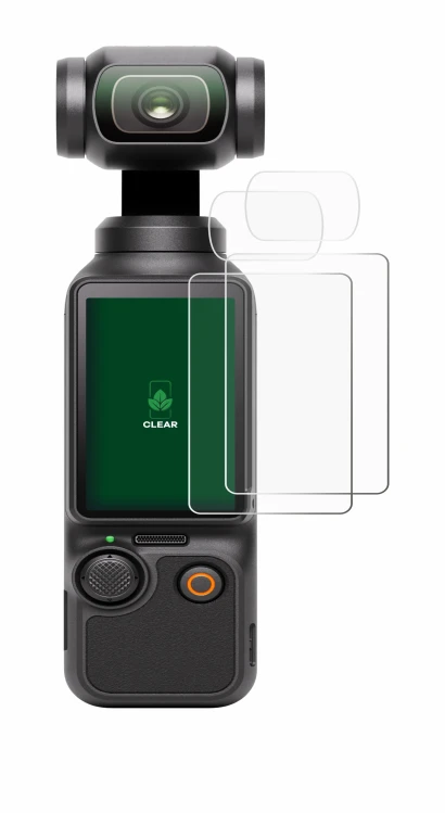 Abbildung des Geräts DJI Osmo Pocket 3 (Display + Linse) mit einer Vielzahl des Displayschutzes.