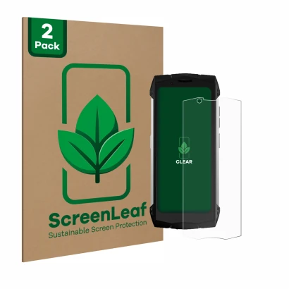 Vorderseite einer Produktverpackung mit dem Markenlogo ScreenLeaf. Daneben ist das Gerät Doogee S Mini mit dem zugehörigen Dis