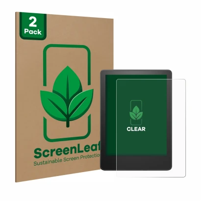 Vorderseite einer Produktverpackung mit dem Markenlogo ScreenLeaf. Daneben ist das Gerät Amazon Kindle Paperwhite 2023 (11. Ge