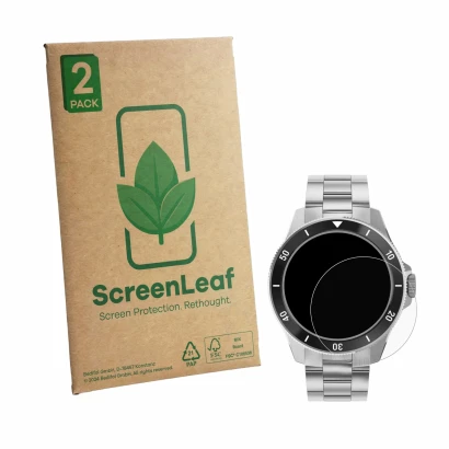 Vorderseite einer Produktverpackung mit dem Markenlogo ScreenLeaf. Daneben ist das Gerät Withings ScanWatch Nova (42 mm) mit d
