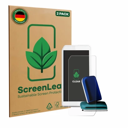 Vorderseite einer Produktverpackung mit dem Markenlogo ScreenLeaf. Daneben ist das Gerät Kaleido DBLG1 Handset 2023 mit dem zu