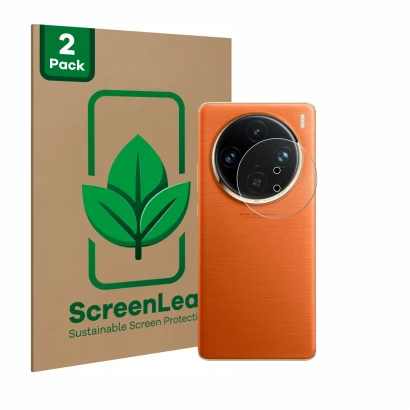 Vorderseite einer Produktverpackung mit dem Markenlogo ScreenLeaf. Daneben ist das Gerät Vivo X100 Pro (NUR Kameraschutz) mit 
