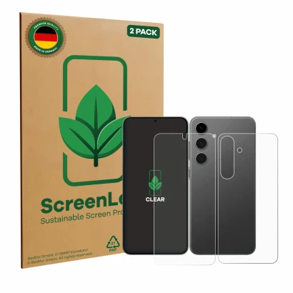Vorderseite einer Produktverpackung mit dem Markenlogo ScreenLeaf. Daneben ist das Gerät Samsung Galaxy S24 (Display+Rückseite