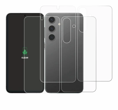 Abbildung des Geräts Samsung Galaxy S24 (Display+Rückseite) mit einer Vielzahl des Displayschutzes.