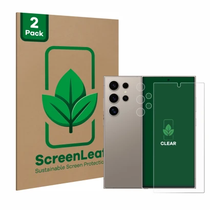 Vorderseite einer Produktverpackung mit dem Markenlogo ScreenLeaf. Daneben ist das Gerät Samsung Galaxy S24 Ultra (case-friend