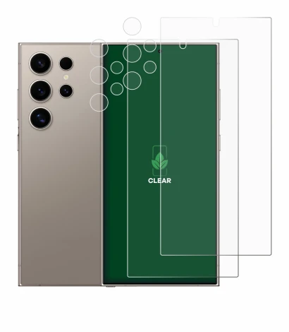 Abbildung des Geräts Samsung Galaxy S24 Ultra (case-friendly) (Display+Kamera) mit einer Vielzahl des Displayschutzes.