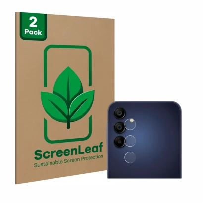 Vorderseite einer Produktverpackung mit dem Markenlogo ScreenLeaf. Daneben ist das Gerät Samsung Galaxy A15 (NUR Kameraschutz)
