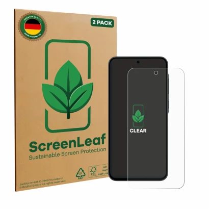 Vorderseite einer Produktverpackung mit dem Markenlogo ScreenLeaf. Daneben ist das Gerät Samsung Galaxy A35 5G mit dem zugehör