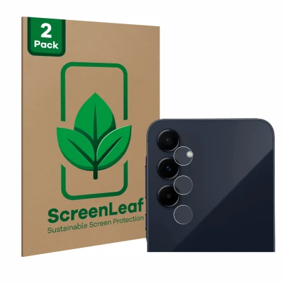 Vorderseite einer Produktverpackung mit dem Markenlogo ScreenLeaf. Daneben ist das Gerät Samsung Galaxy A55 5G (NUR Kameraschu