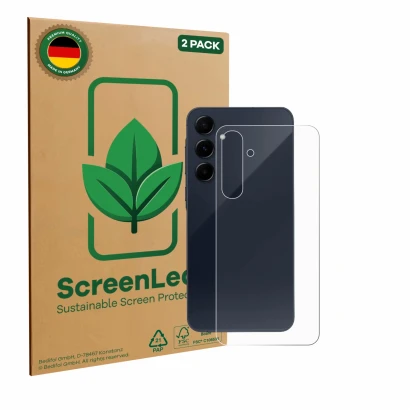 Vorderseite einer Produktverpackung mit dem Markenlogo ScreenLeaf. Daneben ist das Gerät Samsung Galaxy A55 5G (Rückseite) mit