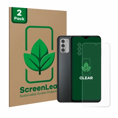 Vorderseite einer Produktverpackung mit dem Markenlogo ScreenLeaf. Daneben ist das Gerät Nokia G42 5G (Display+Kamera) mit dem