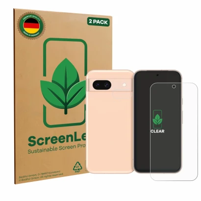 Vorderseite einer Produktverpackung mit dem Markenlogo ScreenLeaf. Daneben ist das Gerät Google Pixel 8a (Display+Kamera) mit 