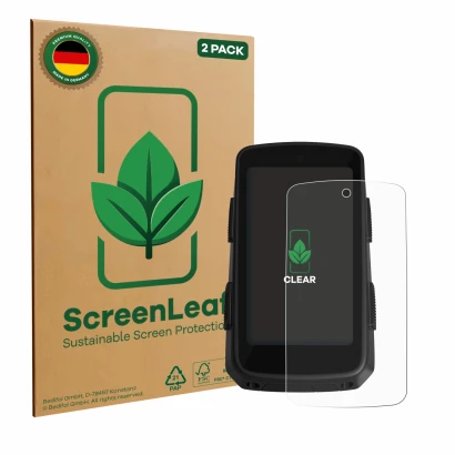 Vorderseite einer Produktverpackung mit dem Markenlogo ScreenLeaf. Daneben ist das Gerät Hammerhead Karoo 3 mit dem zugehörige
