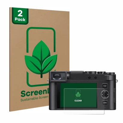 Vorderseite einer Produktverpackung mit dem Markenlogo ScreenLeaf. Daneben ist das Gerät Leica D-Lux 8 mit dem zugehörigen Dis
