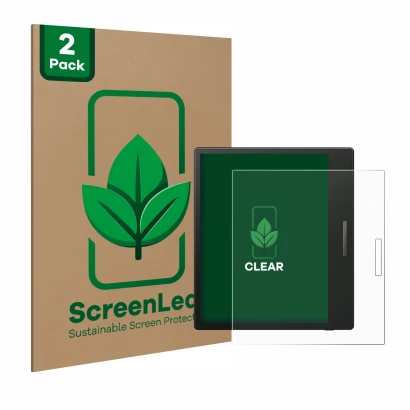 Vorderseite einer Produktverpackung mit dem Markenlogo ScreenLeaf. Daneben ist das Gerät Boox Go Color 7 mit dem zugehörigen D