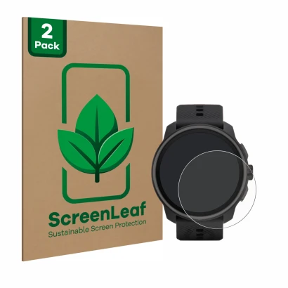 Vorderseite einer Produktverpackung mit dem Markenlogo ScreenLeaf. Daneben ist das Gerät Suunto Race S mit dem zugehörigen Dis