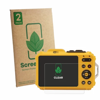 Vorderseite einer Produktverpackung mit dem Markenlogo ScreenLeaf. Daneben ist das Gerät Kodak Pixpro WPZ2 mit dem zugehörigen