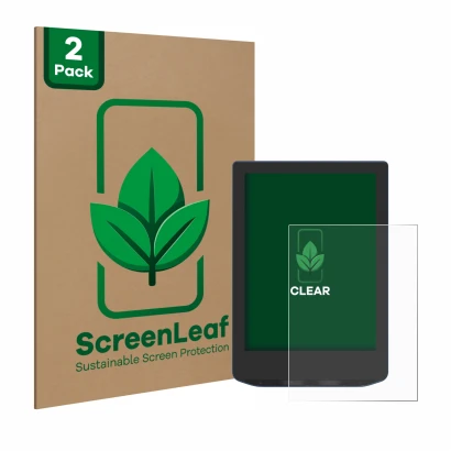 Vorderseite einer Produktverpackung mit dem Markenlogo ScreenLeaf. Daneben ist das Gerät PocketBook Verse Pro Color mit dem zu