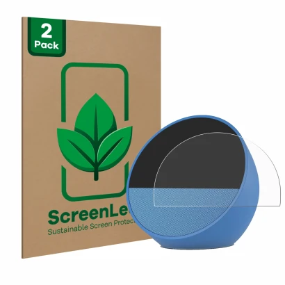 Vorderseite einer Produktverpackung mit dem Markenlogo ScreenLeaf. Daneben ist das Gerät Amazon Echo Spot 2024 mit dem zugehör