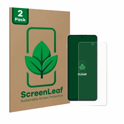 Vorderseite einer Produktverpackung mit dem Markenlogo ScreenLeaf. Daneben ist das Gerät OnePlus Nord 4 mit dem zugehörigen Di