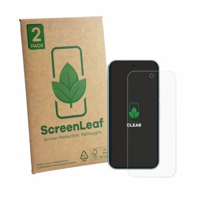 Vorderseite einer Produktverpackung mit dem Markenlogo ScreenLeaf. Daneben ist das Gerät Google Pixel 9 mit dem zugehörigen Di