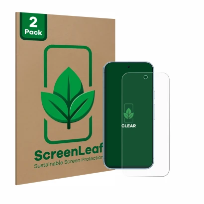Vorderseite einer Produktverpackung mit dem Markenlogo ScreenLeaf. Daneben ist das Gerät Google Pixel 9 Pro mit dem zugehörige