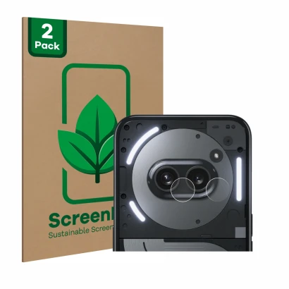Vorderseite einer Produktverpackung mit dem Markenlogo ScreenLeaf. Daneben ist das Gerät Nothing Phone (2a) Plus (NUR Kamerasc
