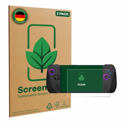 Vorderseite einer Produktverpackung mit dem Markenlogo ScreenLeaf. Daneben ist das Gerät ASUS ROG Ally X (2024) mit dem zugehö