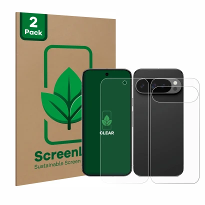 Vorderseite einer Produktverpackung mit dem Markenlogo ScreenLeaf. Daneben ist das Gerät Google Pixel 9 Pro (Display+Rückseite
