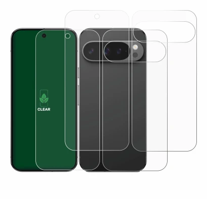 Abbildung des Geräts Google Pixel 9 Pro (Display+Rückseite) mit einer Vielzahl des Displayschutzes.
