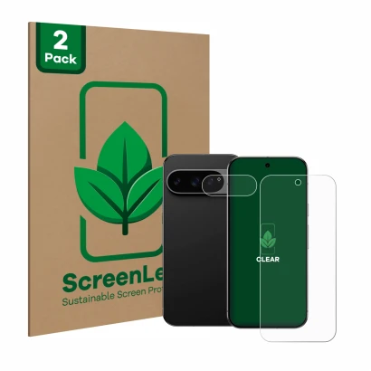 Vorderseite einer Produktverpackung mit dem Markenlogo ScreenLeaf. Daneben ist das Gerät Google Pixel 9 Pro (Display+Kamera) m
