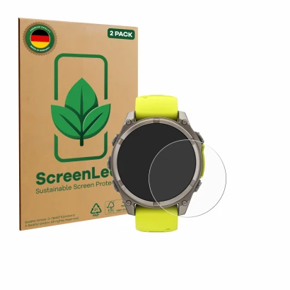 Vorderseite einer Produktverpackung mit dem Markenlogo ScreenLeaf. Daneben ist das Gerät Garmin Fenix 8 Solar (47 mm) mit dem 