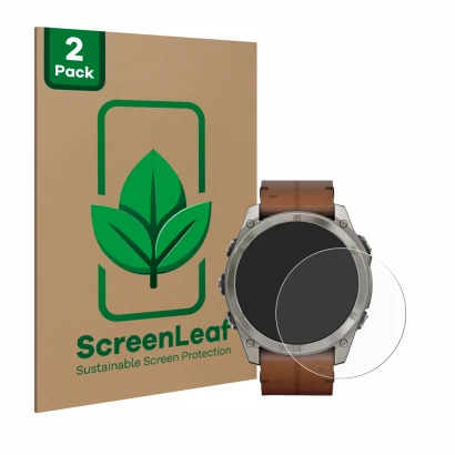 Vorderseite einer Produktverpackung mit dem Markenlogo ScreenLeaf. Daneben ist das Gerät Garmin Fenix 8 AMOLED (51 mm) mit dem
