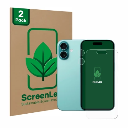 Vorderseite einer Produktverpackung mit dem Markenlogo ScreenLeaf. Daneben ist das Gerät Apple iPhone 16 (Display+Kamera) mit 