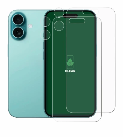 Abbildung des Geräts Apple iPhone 16 (Display+Kamera) mit einer Vielzahl des Displayschutzes.