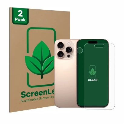 Vorderseite einer Produktverpackung mit dem Markenlogo ScreenLeaf. Daneben ist das Gerät Apple iPhone 16 Pro (Display+Kamera) 