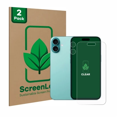Vorderseite einer Produktverpackung mit dem Markenlogo ScreenLeaf. Daneben ist das Gerät Apple iPhone 16 Plus (Display+Kamera)