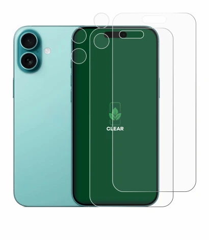 Abbildung des Geräts Apple iPhone 16 Plus (Display+Kamera) mit einer Vielzahl des Displayschutzes.