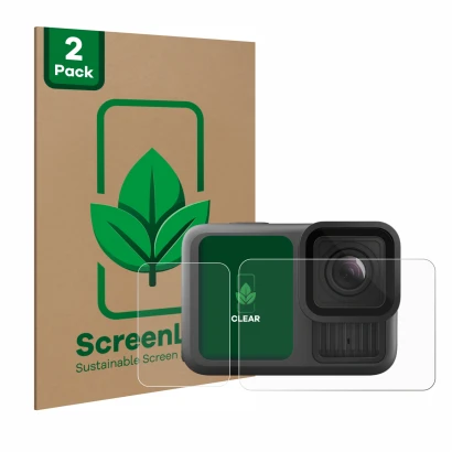 Vorderseite einer Produktverpackung mit dem Markenlogo ScreenLeaf. Daneben ist das Gerät GoPro Hero 13 Black mit dem zugehörig
