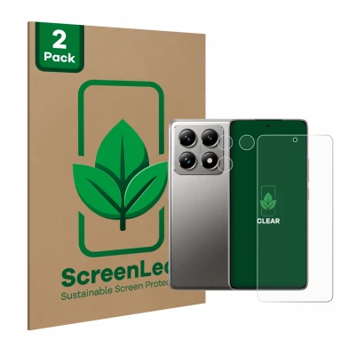 Vorderseite einer Produktverpackung mit dem Markenlogo ScreenLeaf. Daneben ist das Gerät Xiaomi 14T Pro (Display+Kamera) mit d