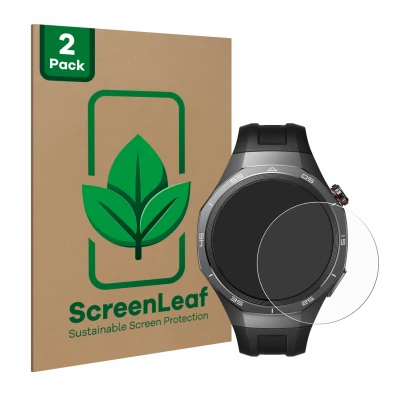 Vorderseite einer Produktverpackung mit dem Markenlogo ScreenLeaf. Daneben ist das Gerät Huawei Watch GT 5 Pro (46 mm) mit dem