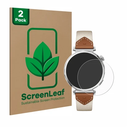 Vorderseite einer Produktverpackung mit dem Markenlogo ScreenLeaf. Daneben ist das Gerät Huawei Watch GT 5 (41 mm) mit dem zug