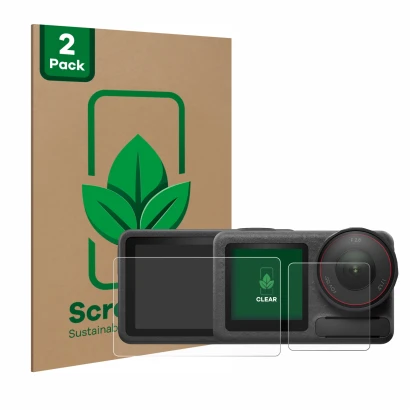 Vorderseite einer Produktverpackung mit dem Markenlogo ScreenLeaf. Daneben ist das Gerät DJI Osmo Action 5 Pro mit dem zugehör