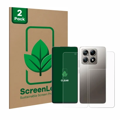 Vorderseite einer Produktverpackung mit dem Markenlogo ScreenLeaf. Daneben ist das Gerät Xiaomi 14T (Display+Rückseite) mit de