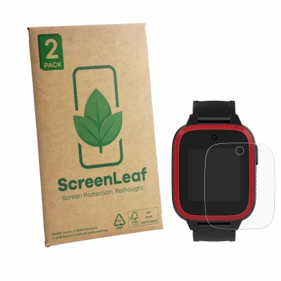 Vorderseite einer Produktverpackung mit dem Markenlogo ScreenLeaf. Daneben ist das Gerät Xplora Let's Go mit dem zugehörigen D