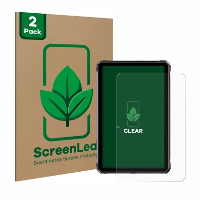 Vorderseite einer Produktverpackung mit dem Markenlogo ScreenLeaf. Daneben ist das Gerät Doogee R10 mit dem zugehörigen Displa
