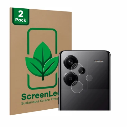 Vorderseite einer Produktverpackung mit dem Markenlogo ScreenLeaf. Daneben ist das Gerät Xiaomi Redmi Note 13 Pro+ 5G (NUR Kam