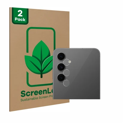 Vorderseite einer Produktverpackung mit dem Markenlogo ScreenLeaf. Daneben ist das Gerät Samsung Galaxy S24 FE (NUR Kameraschu